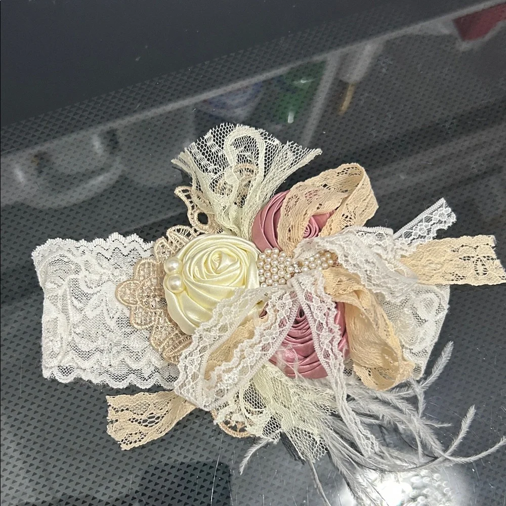 Baby infant Girls headband fancy vintage style lace pearls silk roses